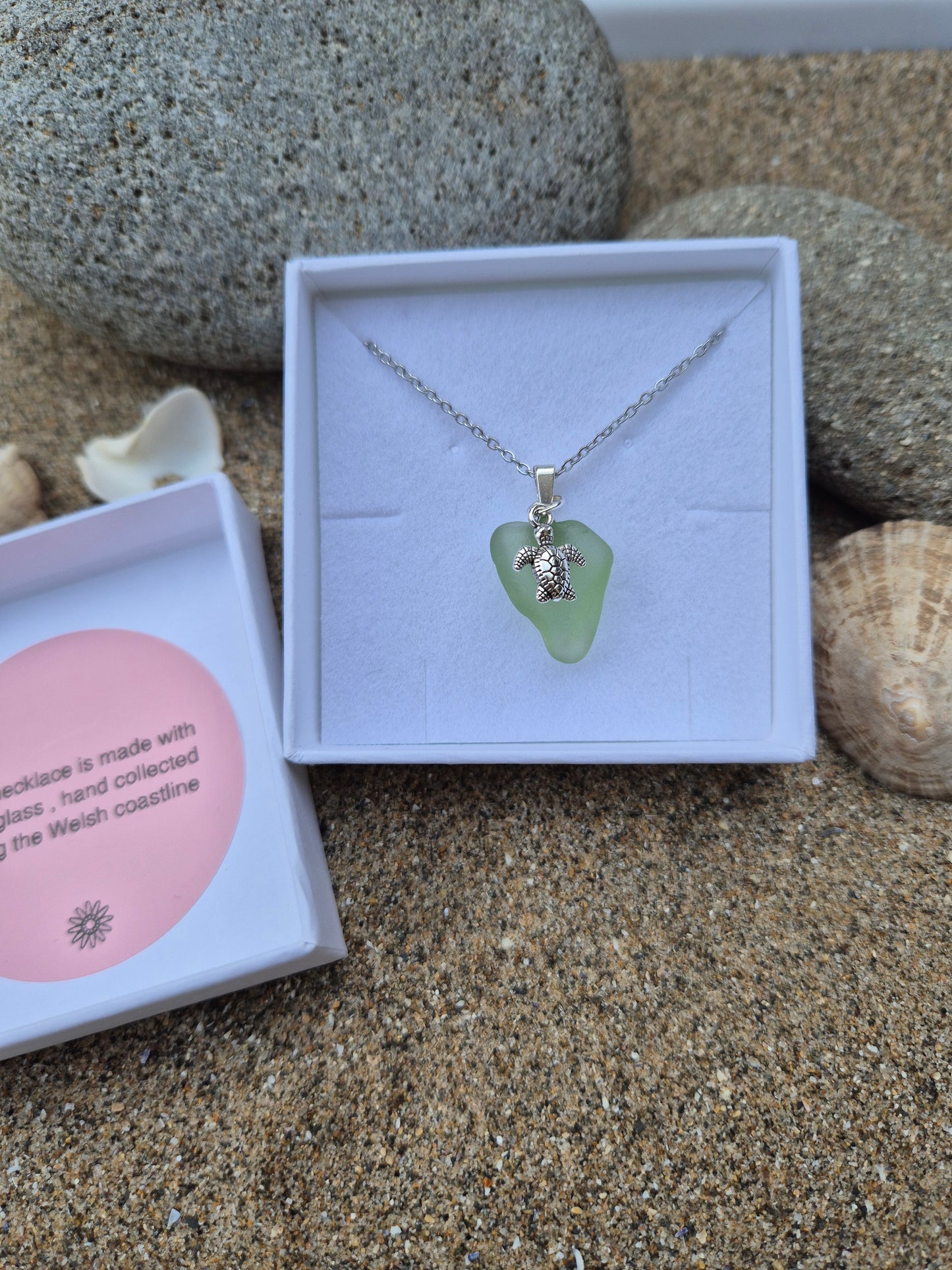 Seafoam Green Sea Glass Necklace with Turtle Charm – Handmade Welsh Coastal Jewellery