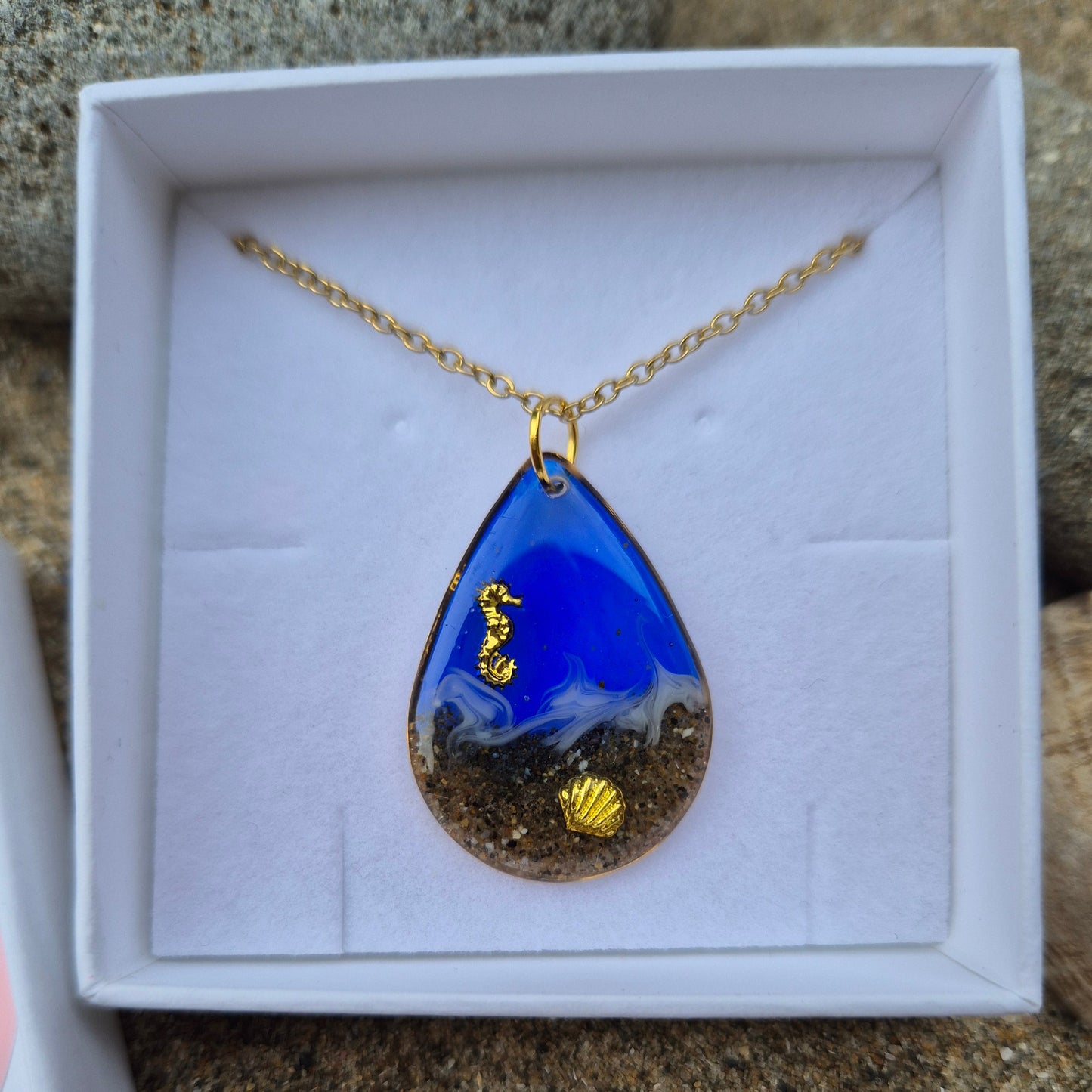 blue teardrop Newquay sand necklace in gift box