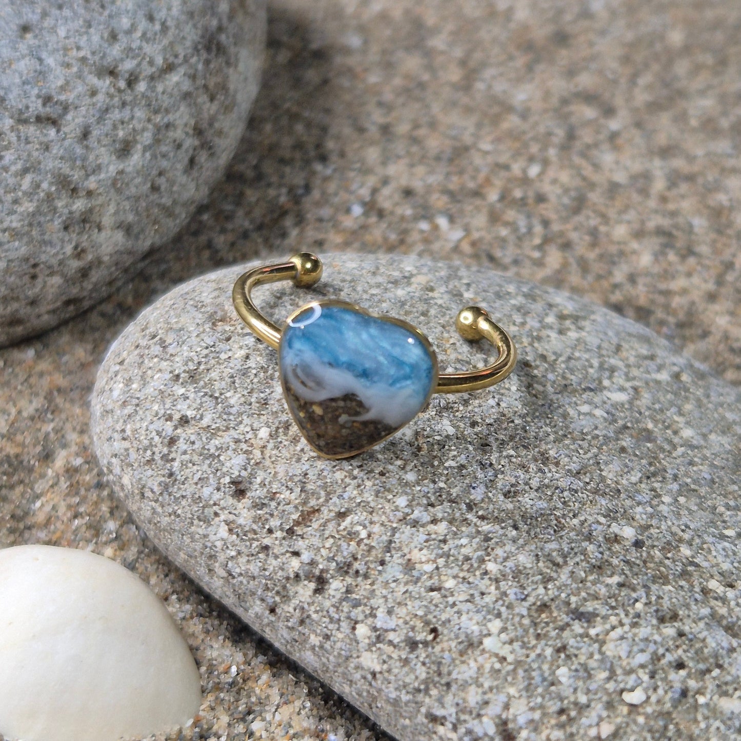 Heart shaped adjustable ring with Welsh beach sand.