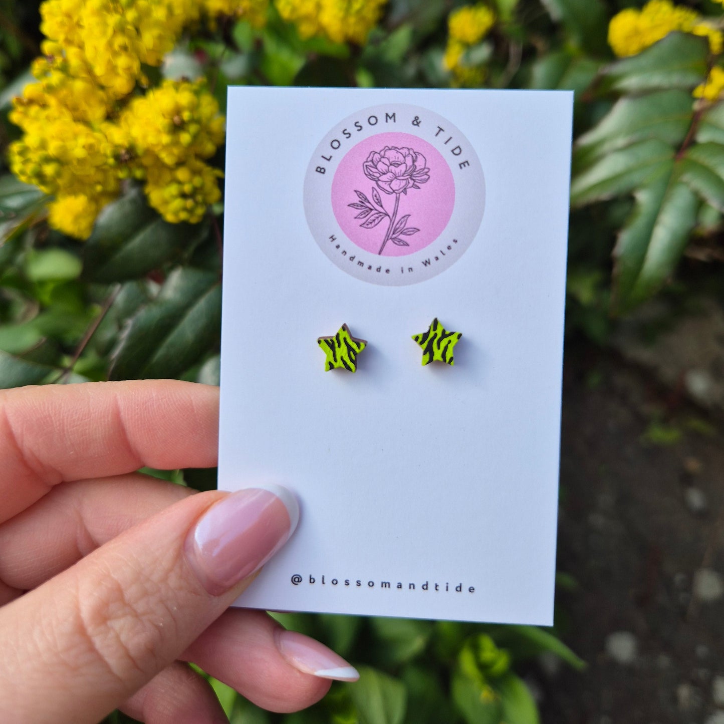lime green hand painted tiger print star earrings