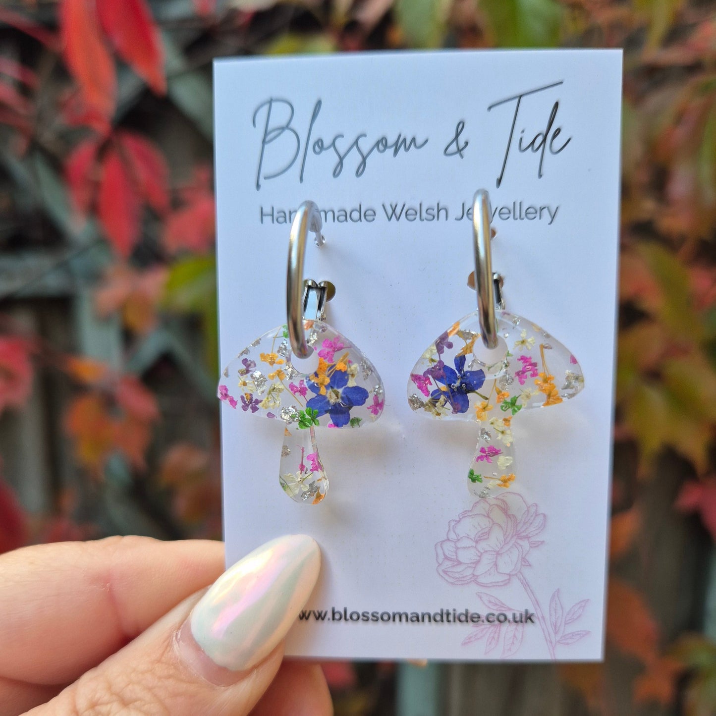 Multicoloured floral mushroom hoop earrings