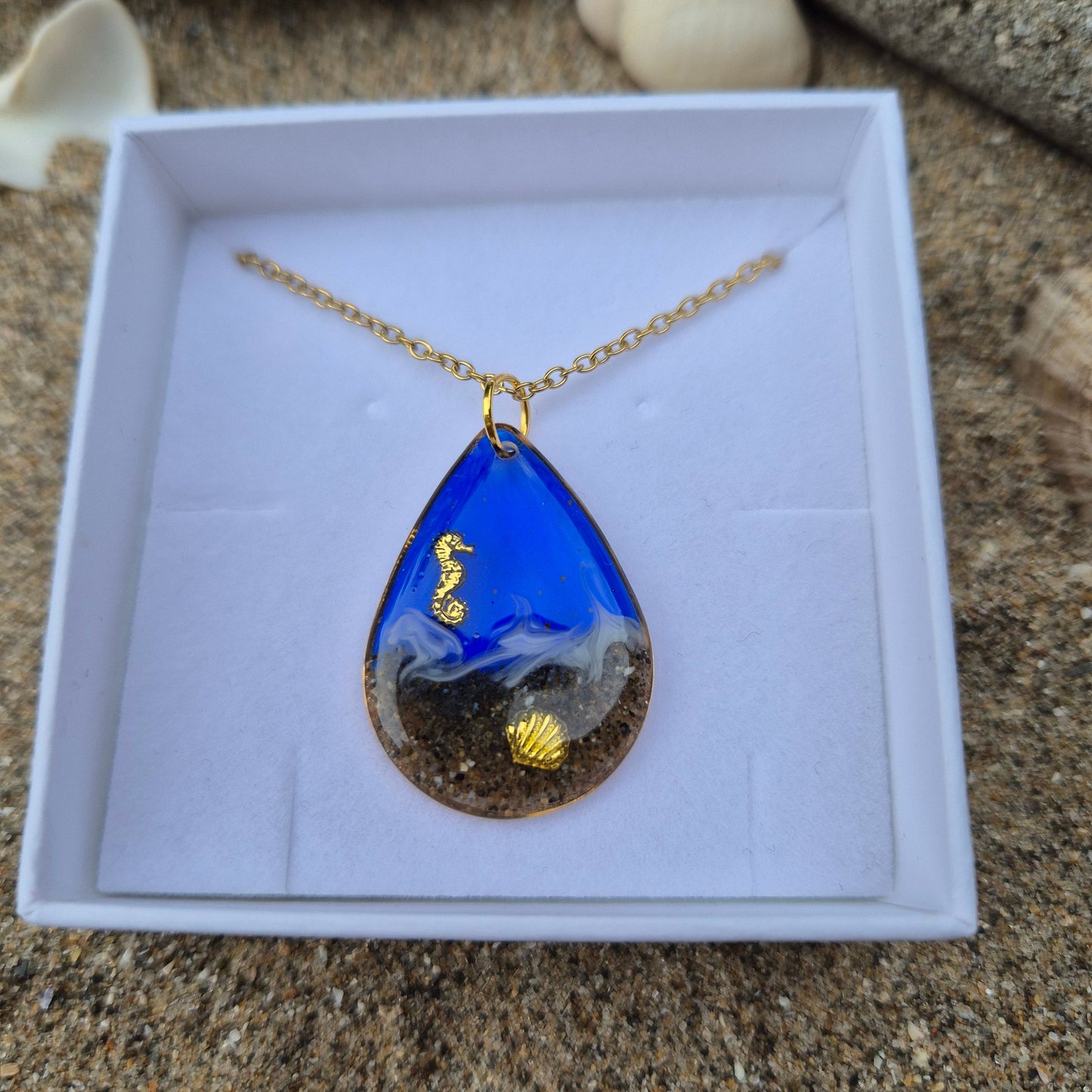 blue teardrop Newquay sand necklace in gift box