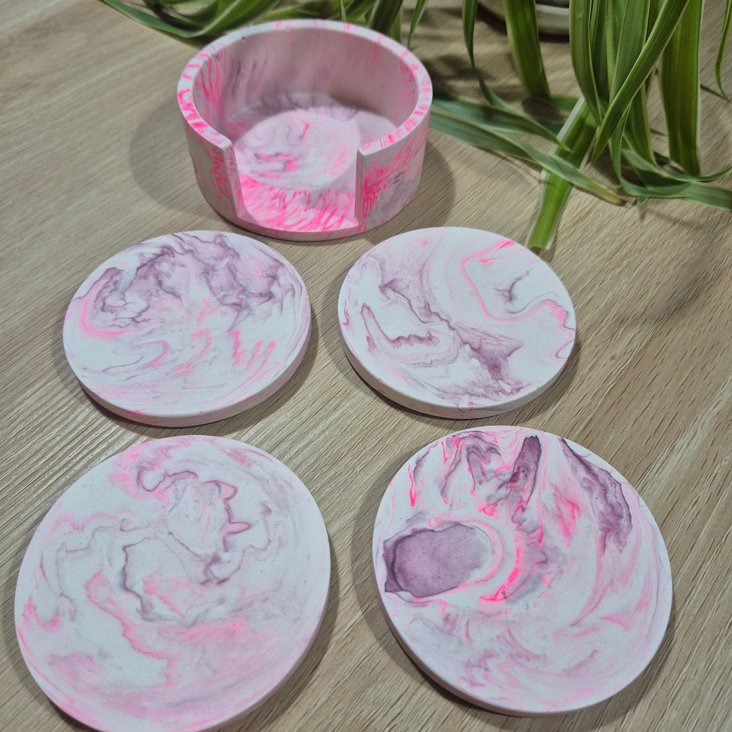 pink and purple jesmonite coaster set and holder