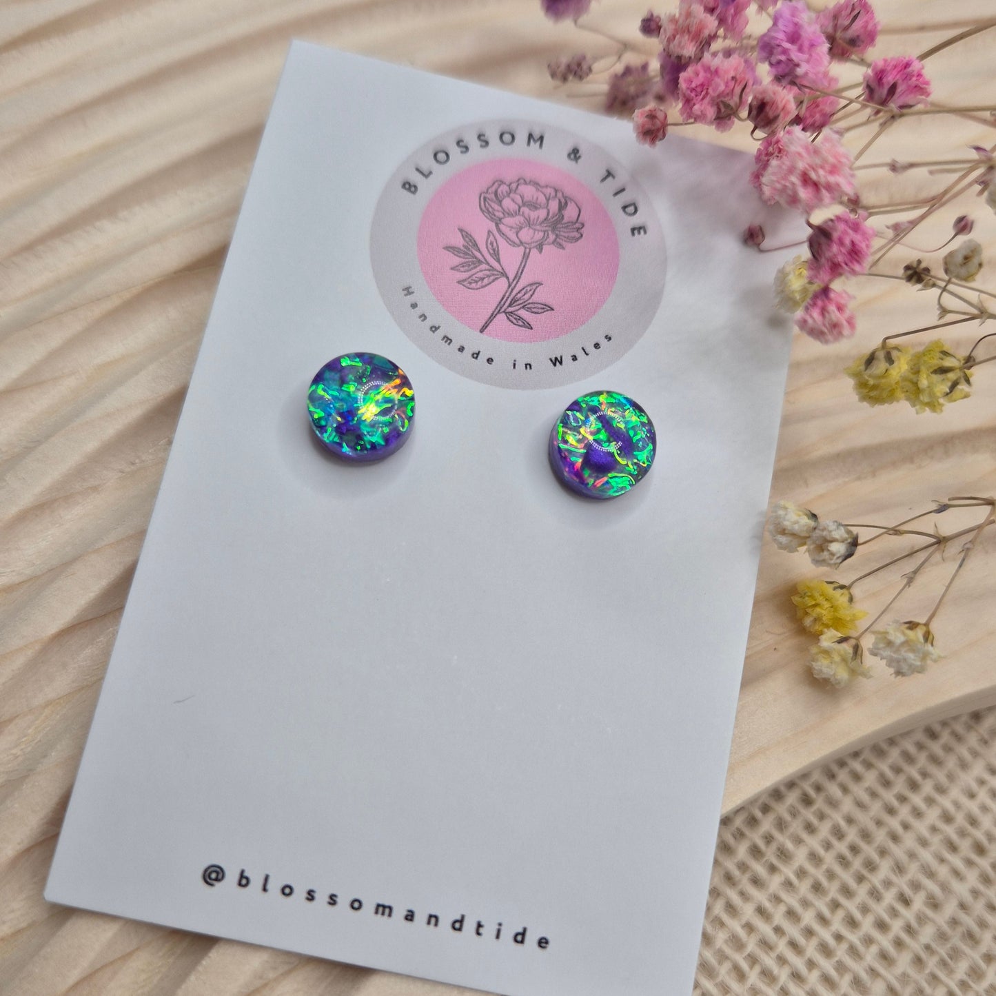 Handmade holographic resin earrings with dichroic effect