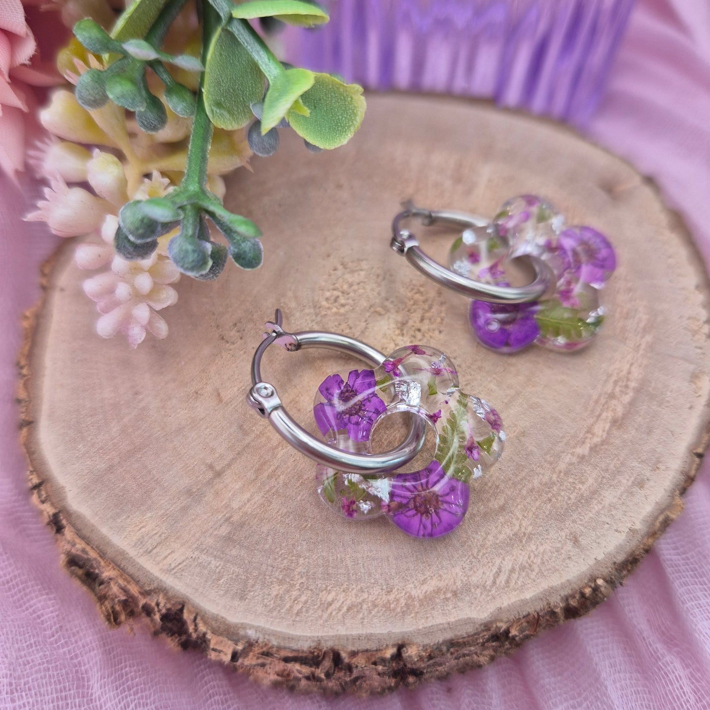 Pressed flower real flower hoops earrings