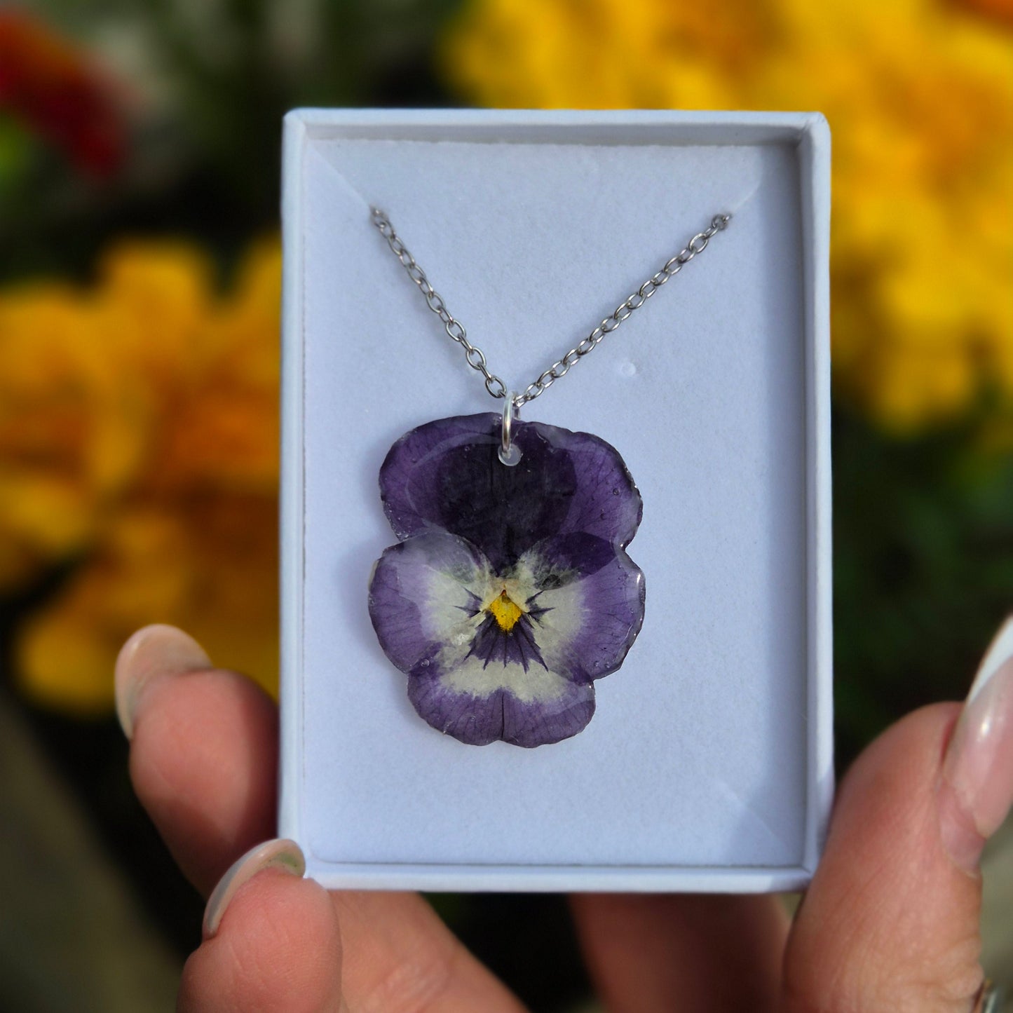 Pressed pansy necklace. Handmade and presented in a gift box