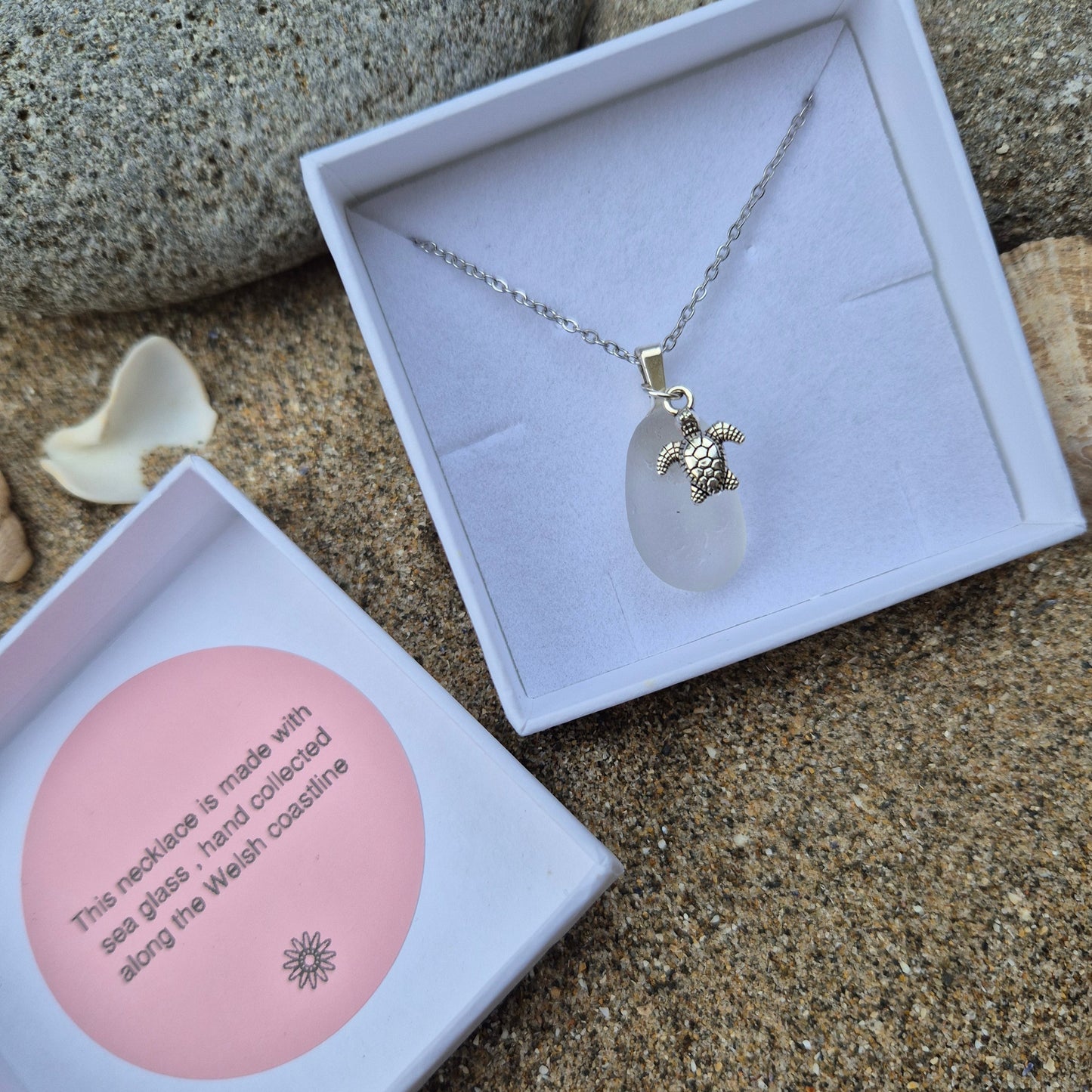 Sea glass necklace with turtle charm in gift box