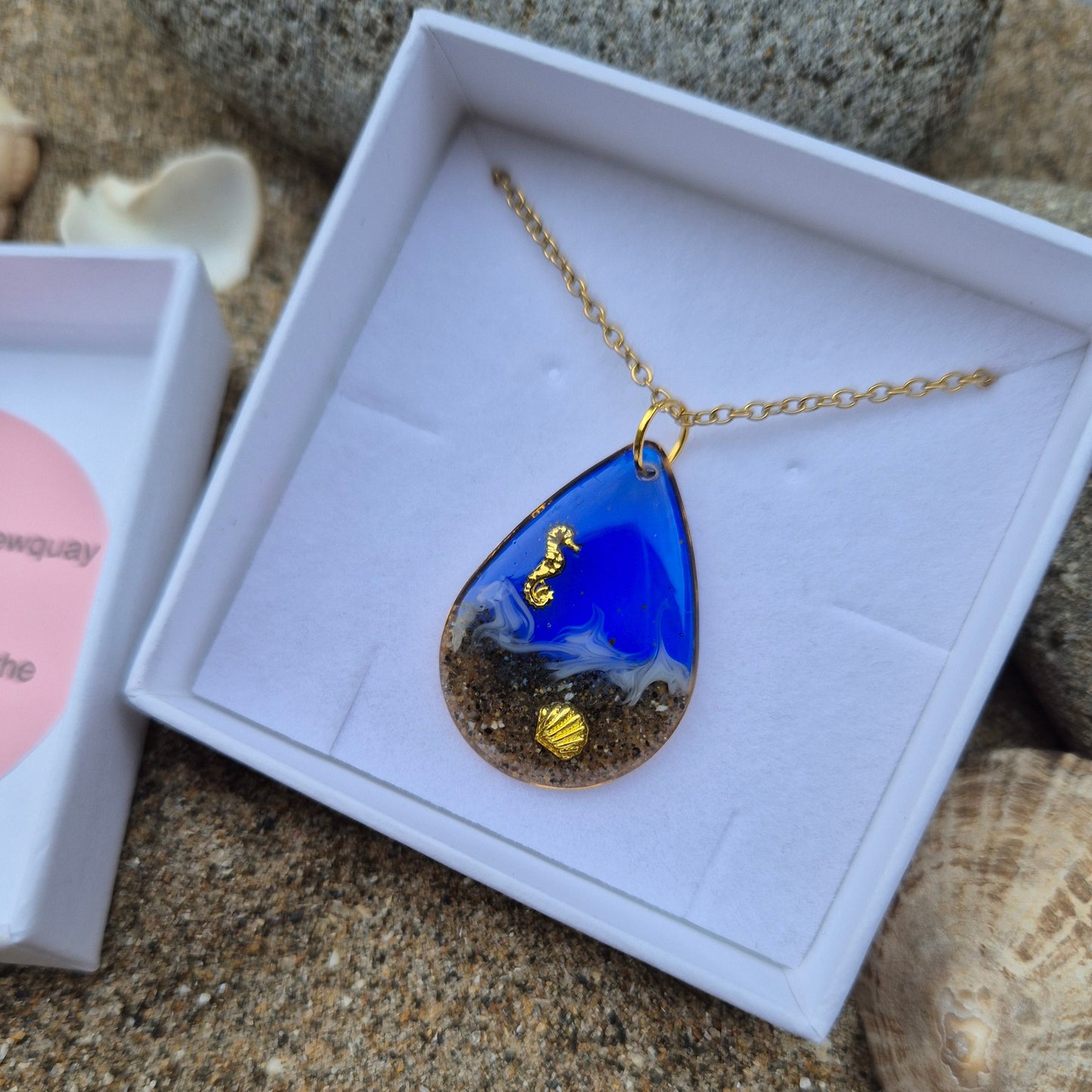 blue teardrop Newquay sand necklace in gift box
