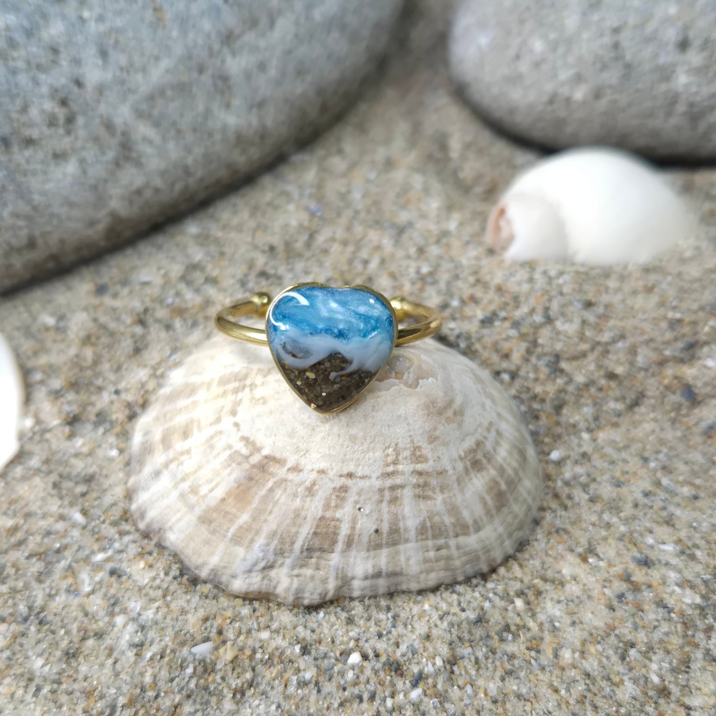 Heart shaped adjustable ring with Welsh beach sand.
