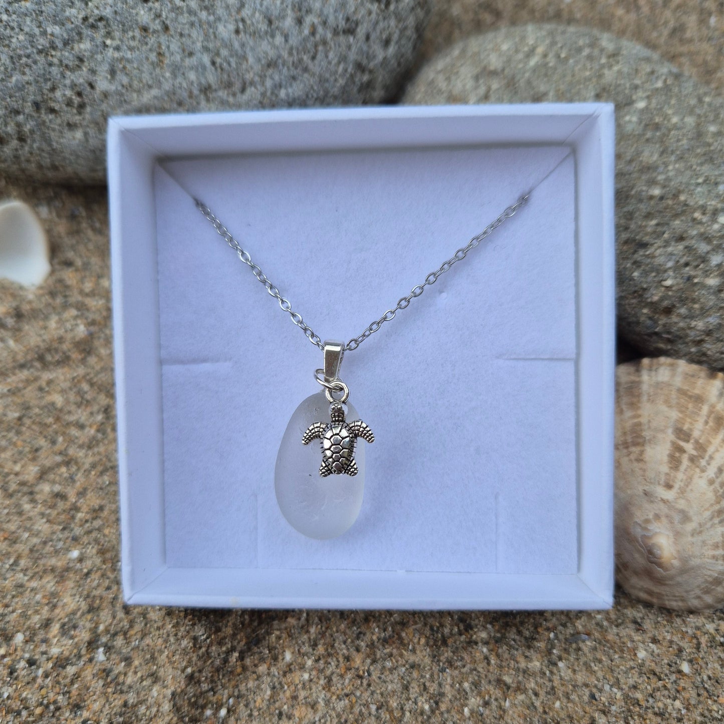 Sea glass necklace with turtle charm in gift box