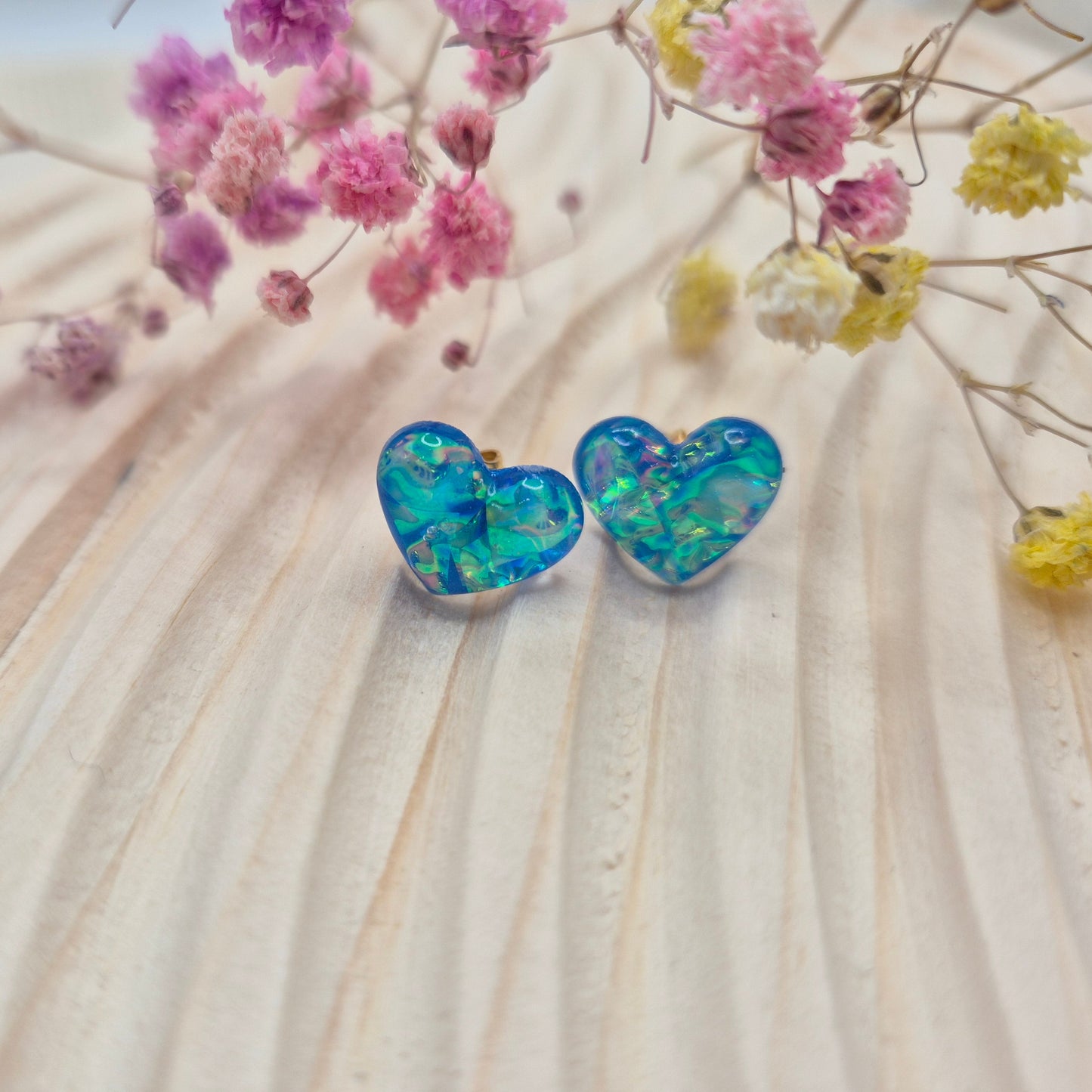 Unique heart-shaped jewellery gift, handmade in Wales with a shimmering resin finish