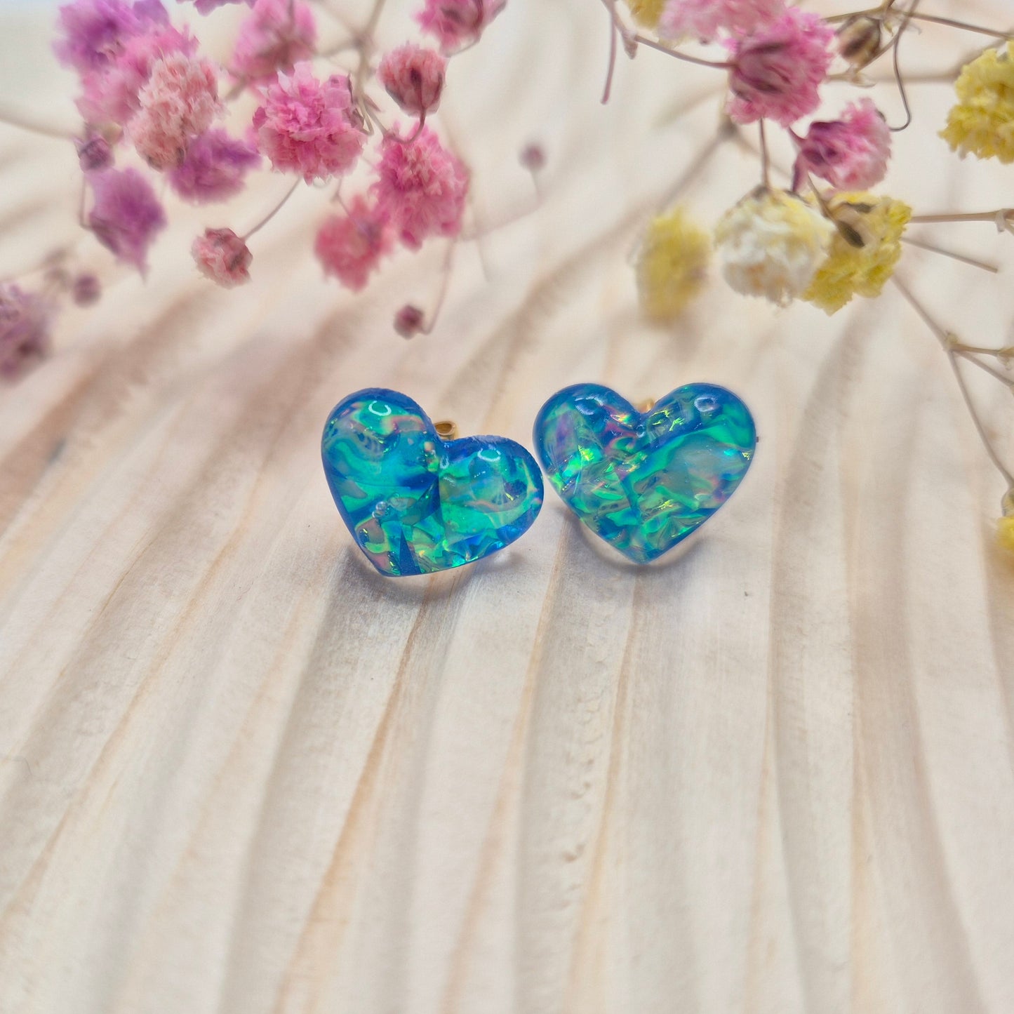 Unique heart-shaped jewellery gift, handmade in Wales with a shimmering resin finish