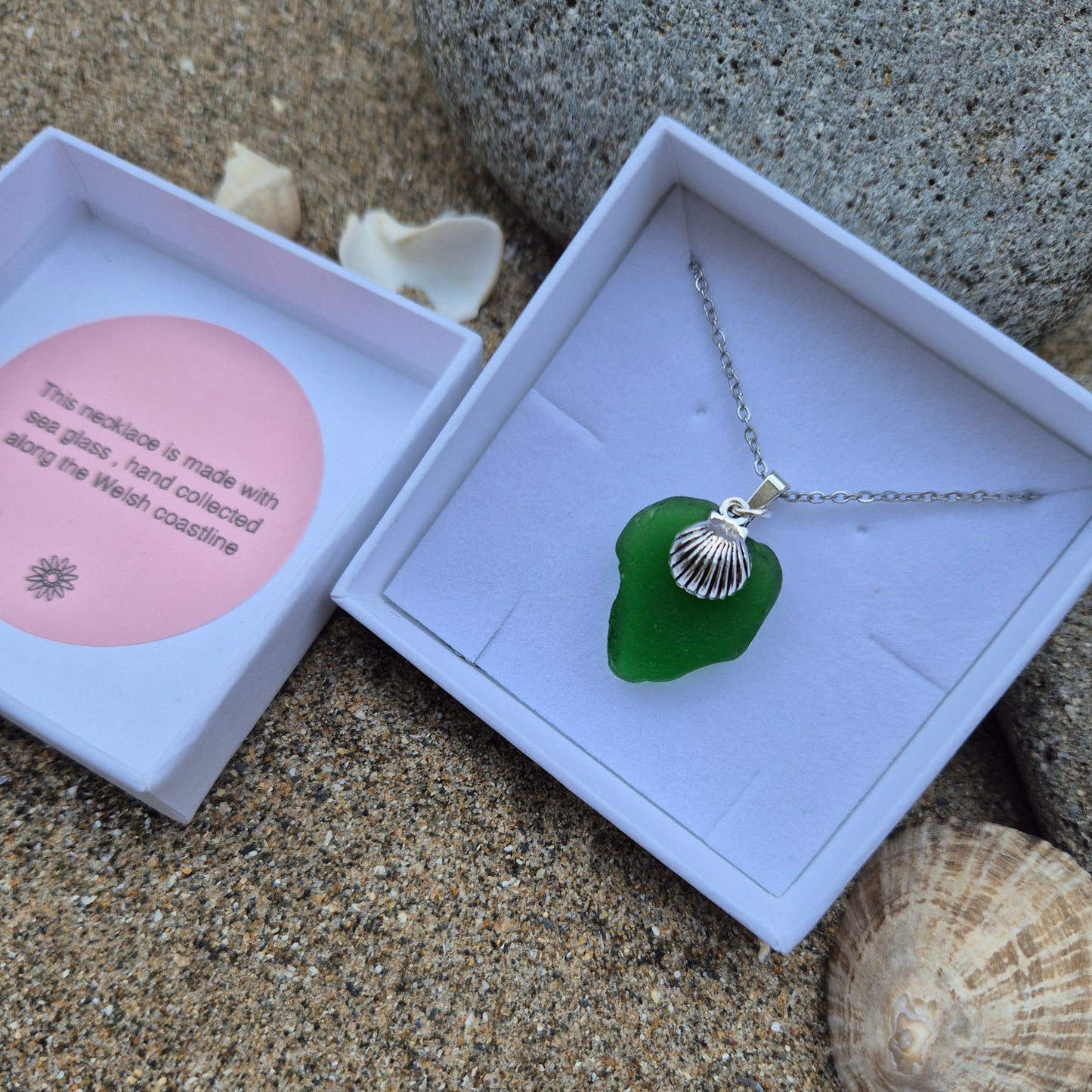 Sea glass necklace with shell charm in a gift box