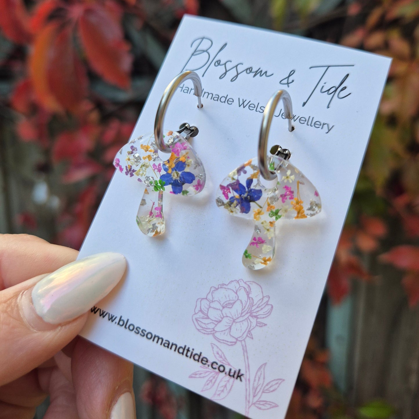 Forget-me-not and multicoloured flower mushroom earrings
