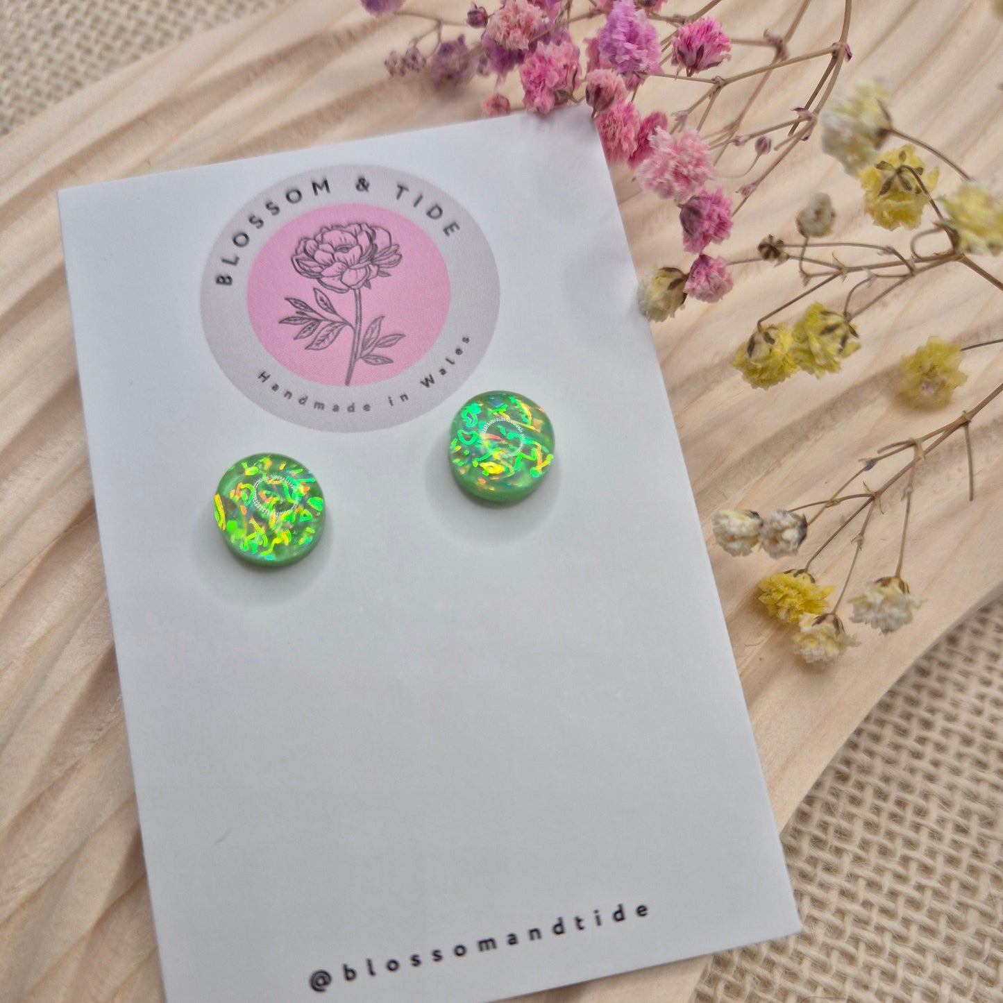 Handmade holographic resin earrings with dichroic effect