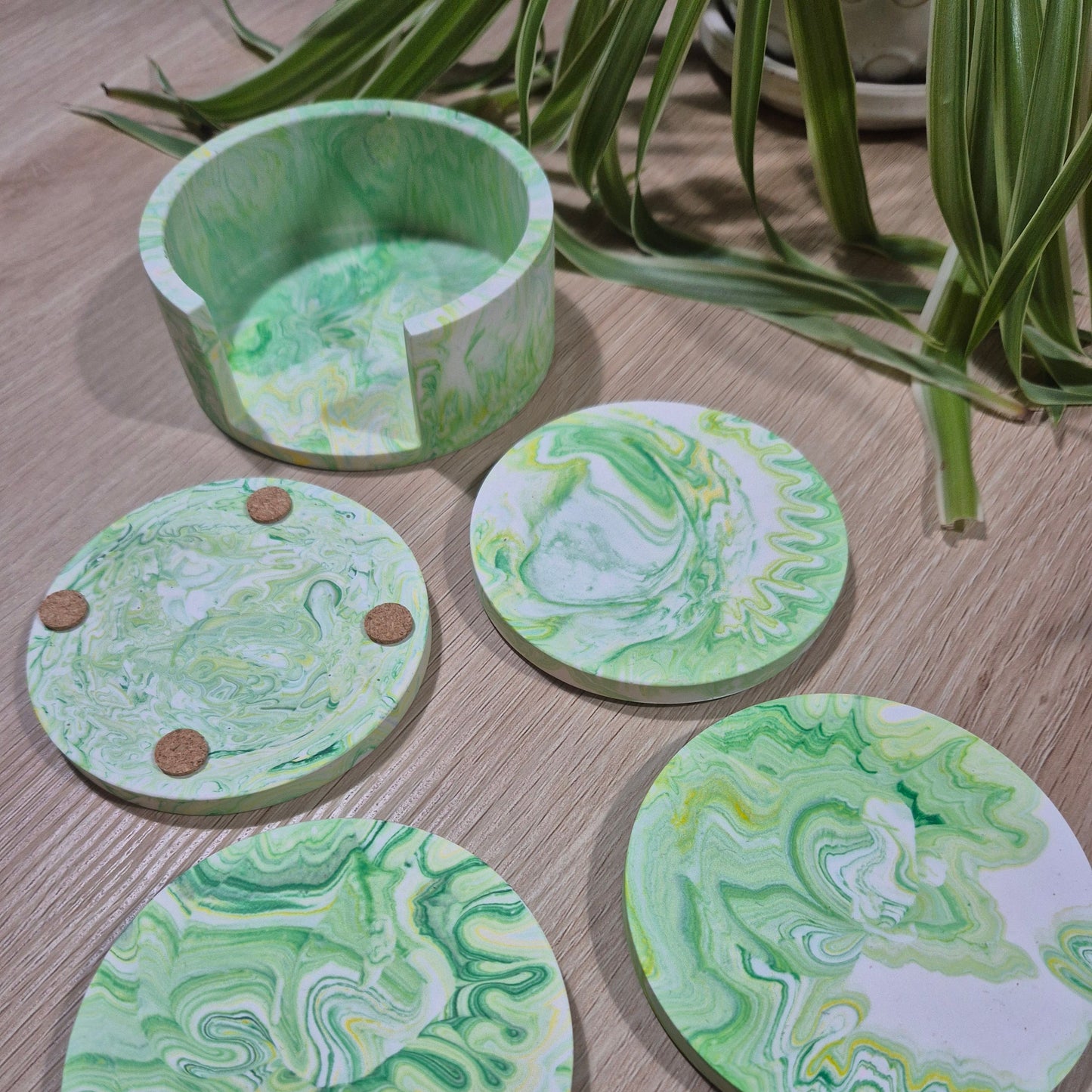 handmade Jesmonite marbled coasters with cork backing, sustainable home décor accessory.