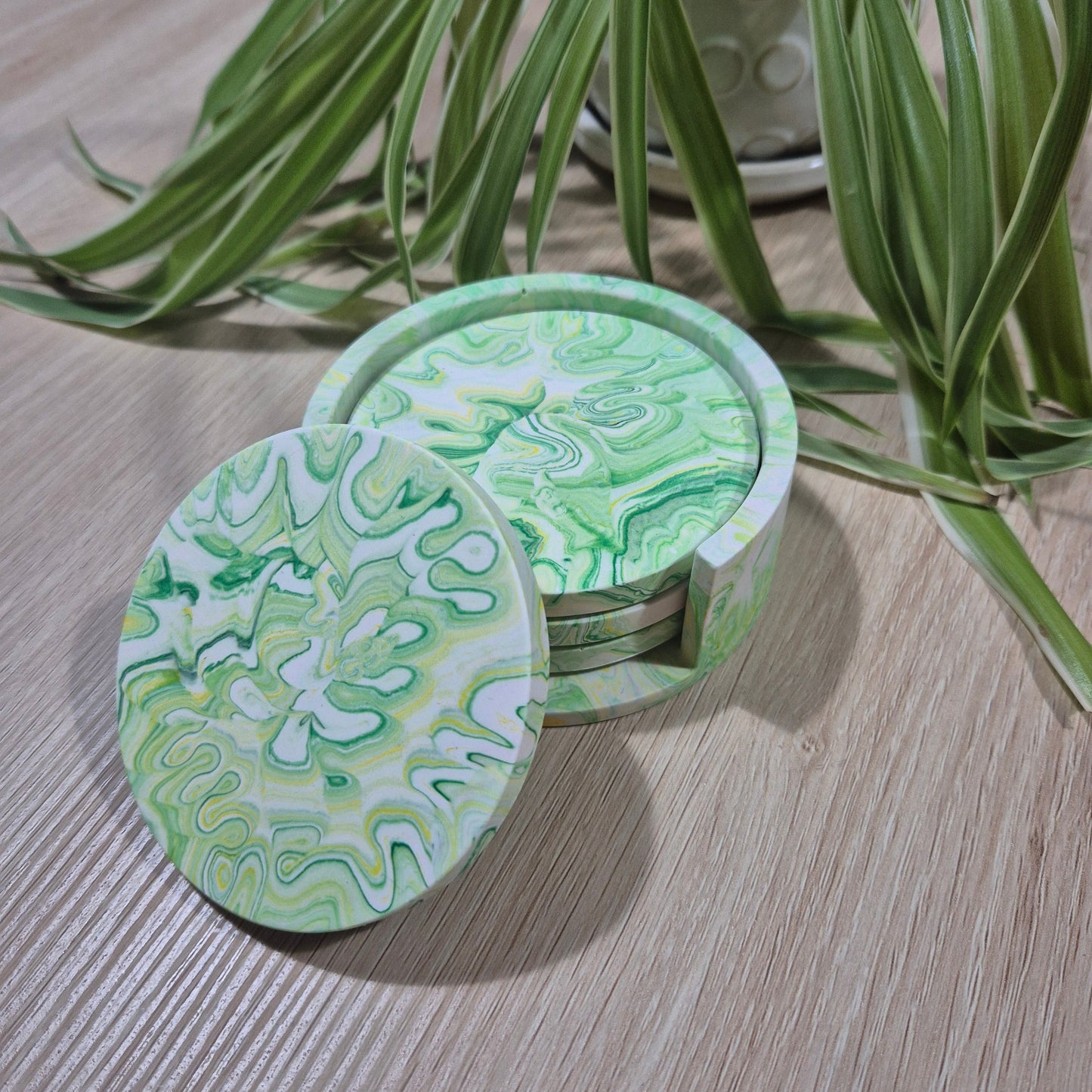 set of 4 green marbled jesmointe coasters in holder