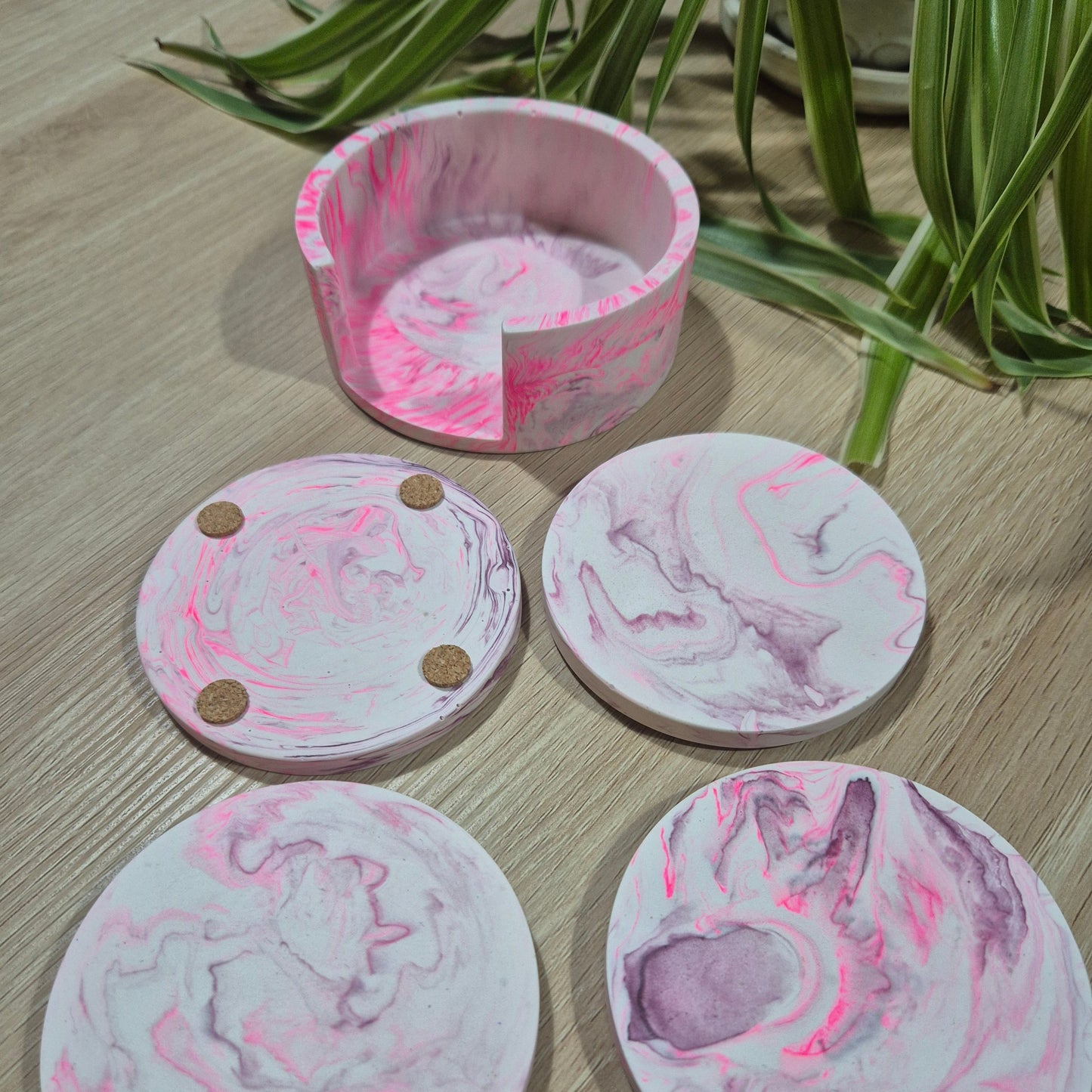 jesmonite coaster set with holder. cork pad base