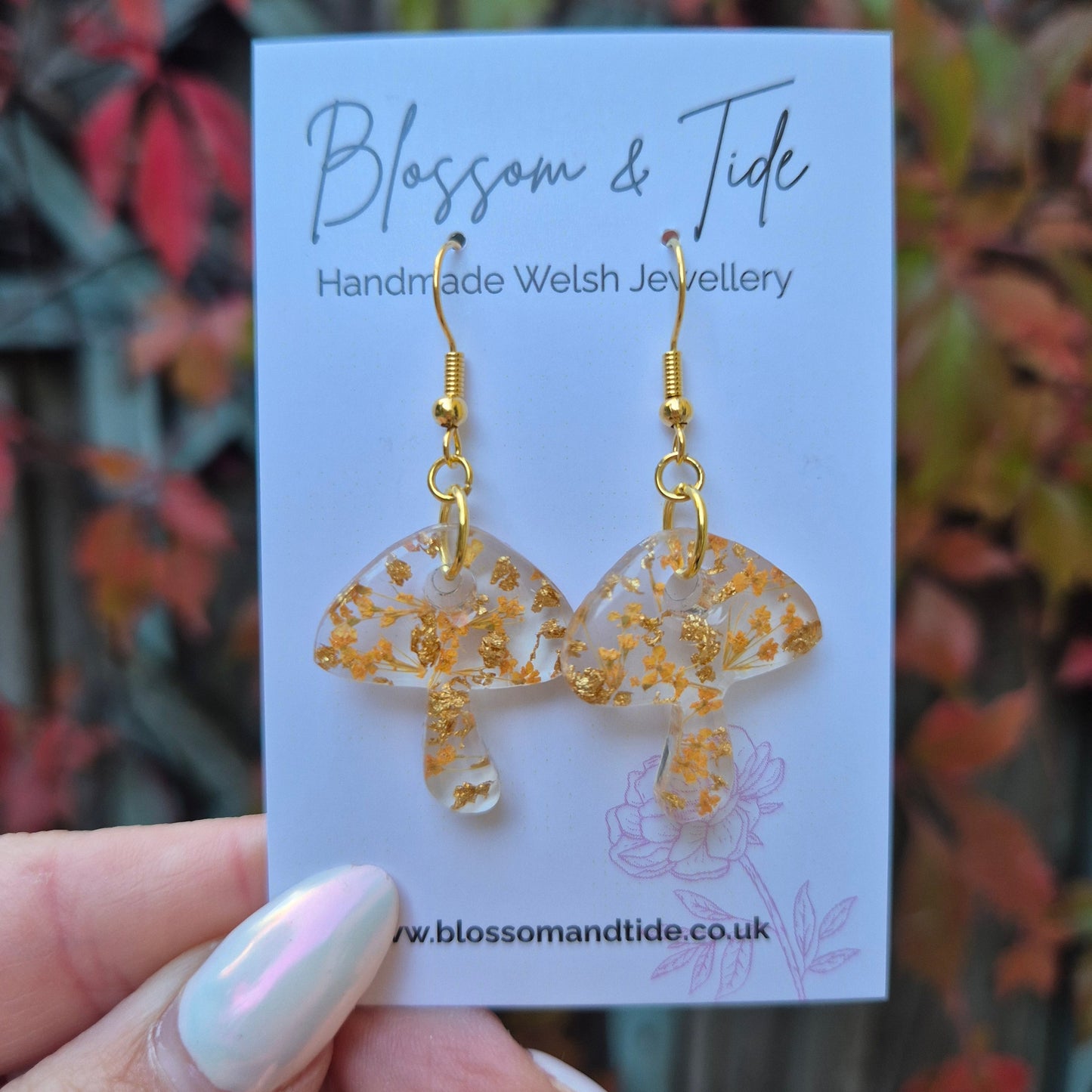 Autumn orange flower mushroom earrings