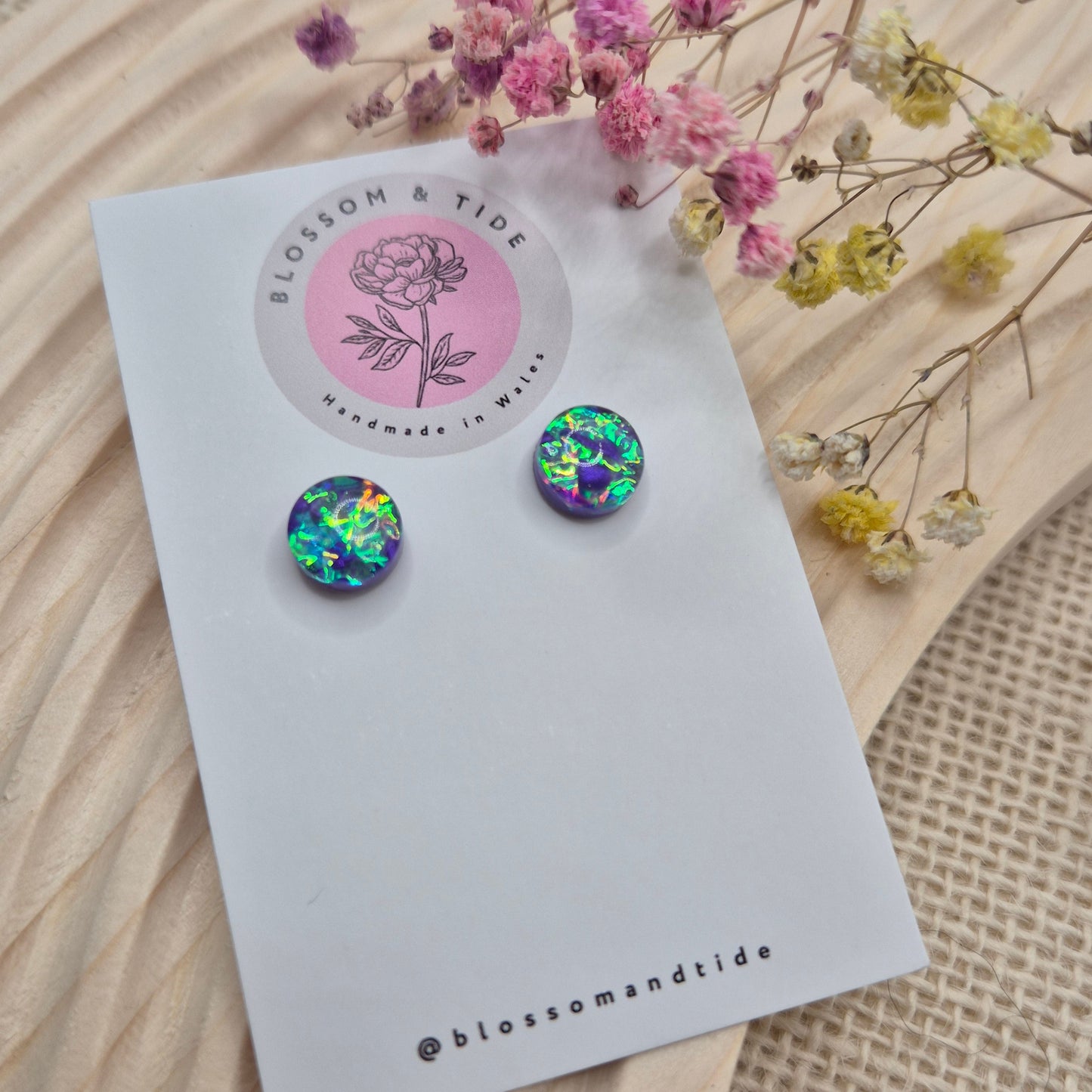 Handmade holographic resin earrings with dichroic effect on card