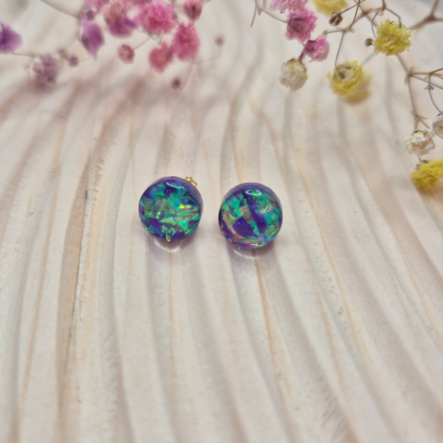 Handmade holographic resin earrings with dichroic effect