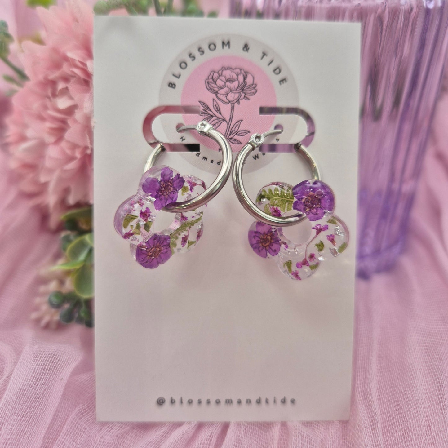 Pressed flower real flower hoops earrings