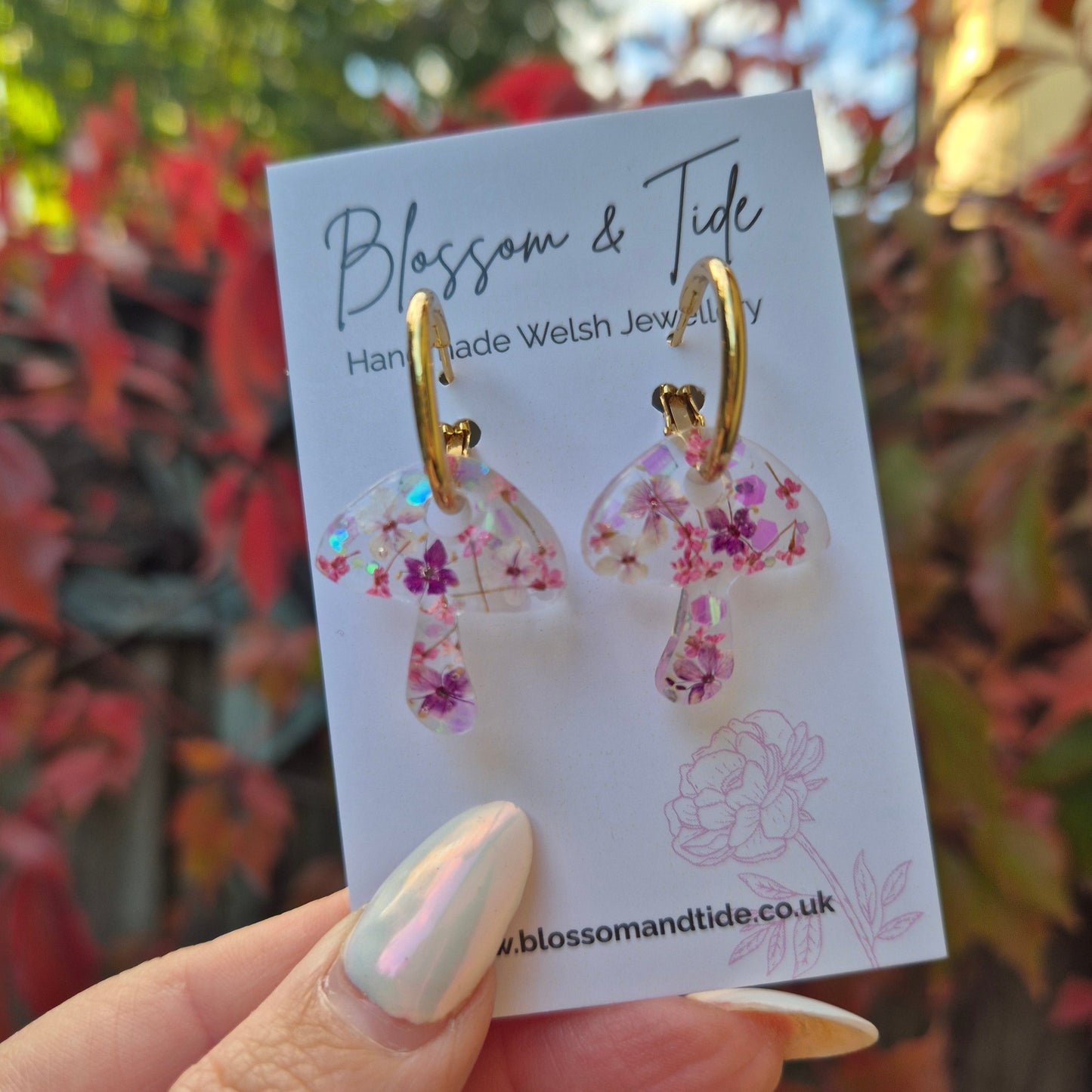 Mushroom hoop earrings with purple pressed flowers. Handmade in Wales