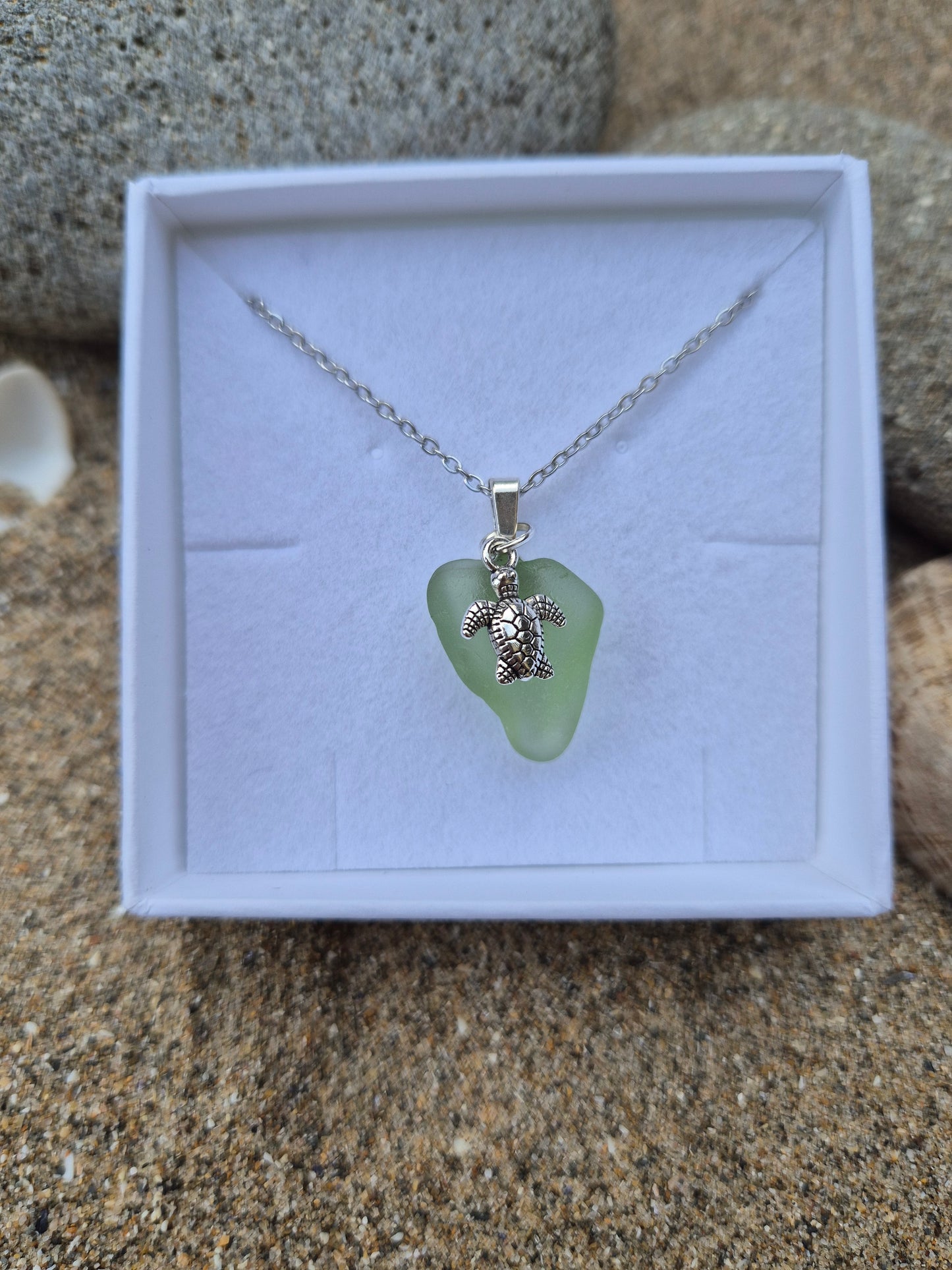 Seafoam Green Sea Glass Necklace with Turtle Charm – Handmade Welsh Coastal Jewellery