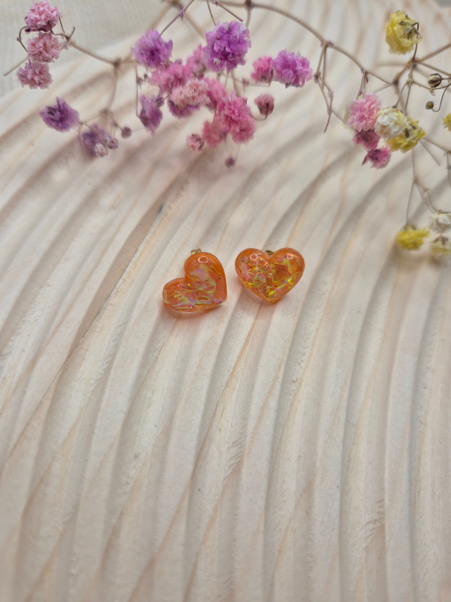 Handmade Orange Heart Resin Stud Earrings | Iridescent & Hypoallergenic | Unique Jewellery Gift from Wales