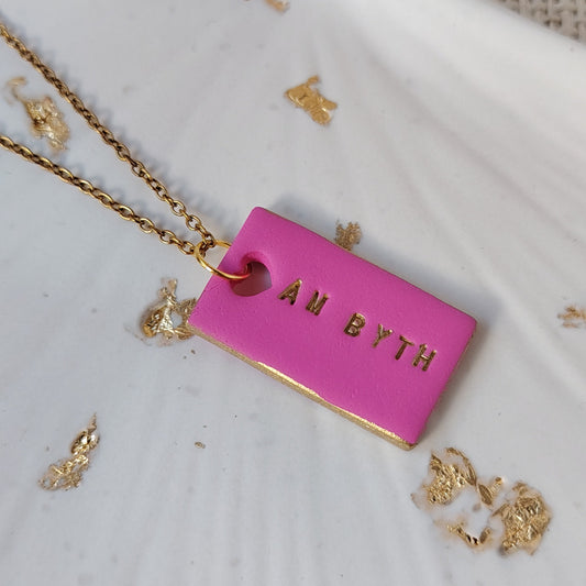 polymer clay pink welsh word necklace on gold chain