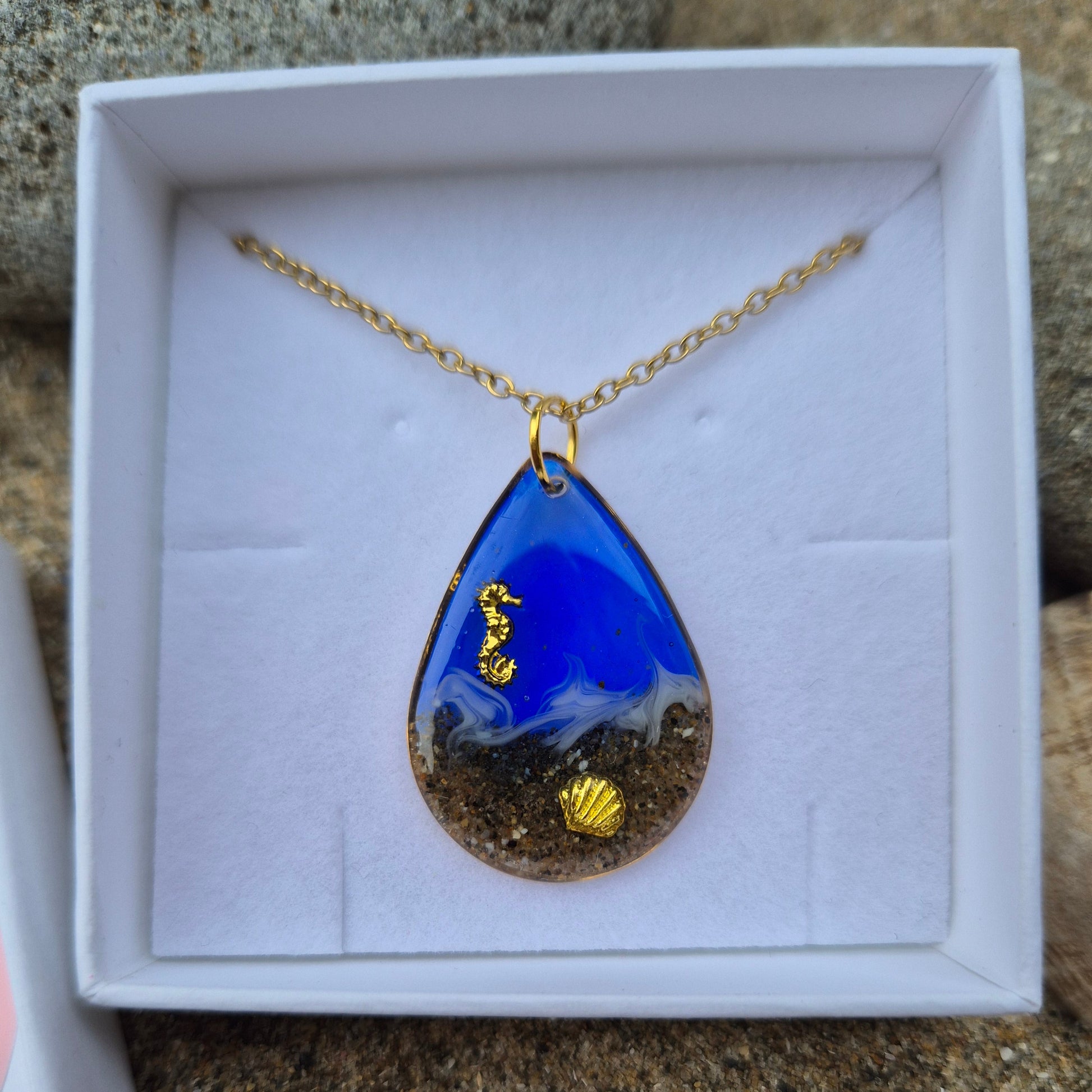 blue teardrop Newquay sand necklace in gift box