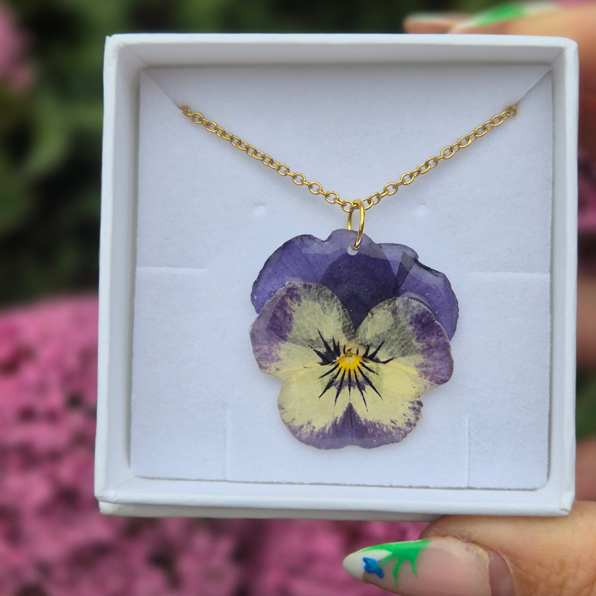 Pressed pansy necklace. Handmade and presented in a gift box