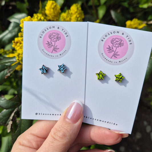 Lime green and sky blue animal print hand painted stud earrings.