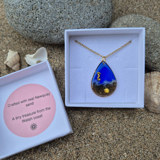 blue teardrop Newquay sand necklace in gift box