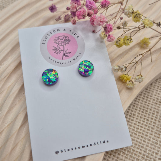 Handmade holographic resin earrings with dichroic effect on card