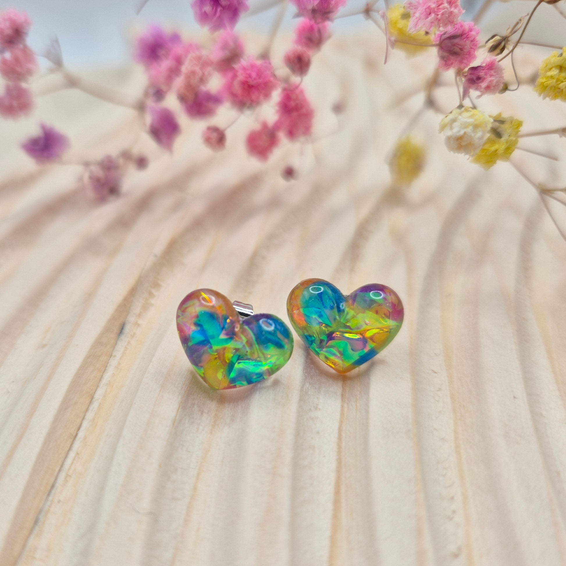 Unique heart-shaped jewellery gift, handmade in Wales with a shimmering resin finish