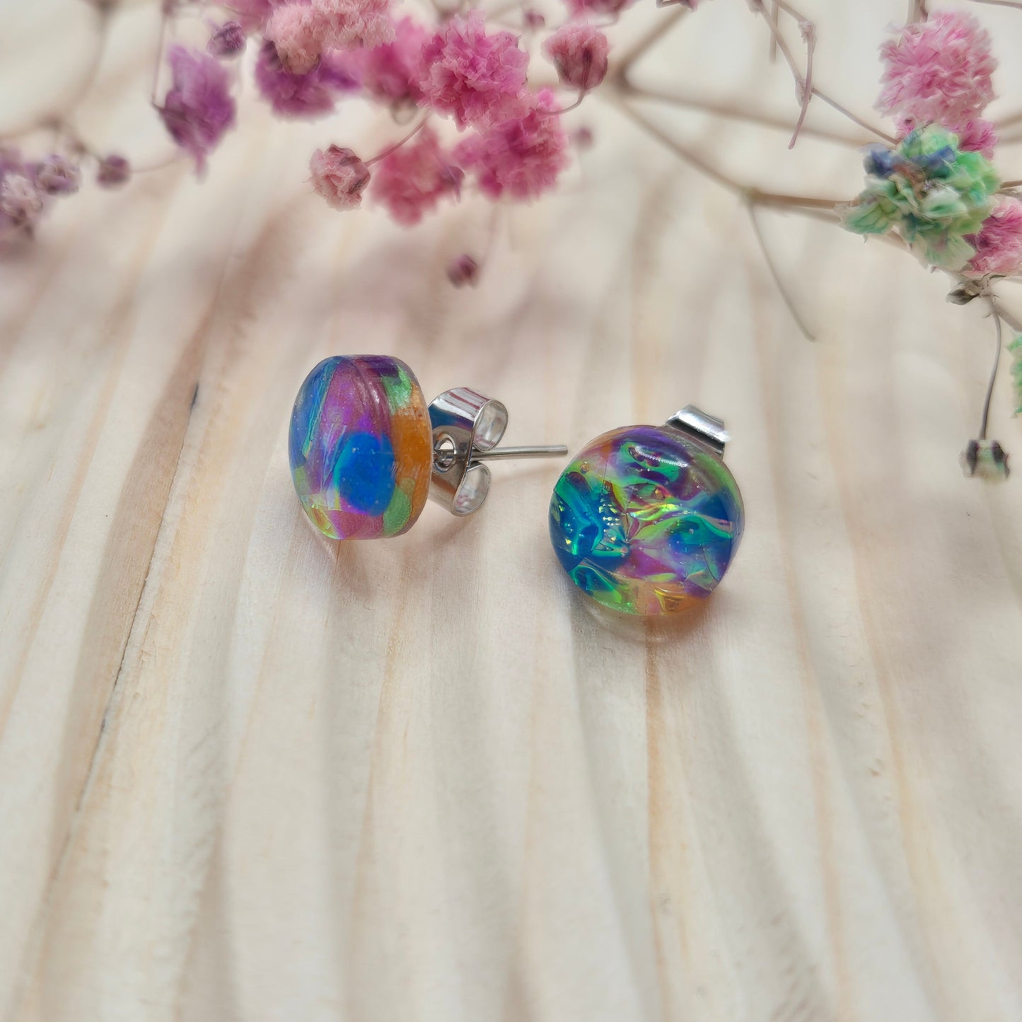 Handmade holographic resin earrings with dichroic effect