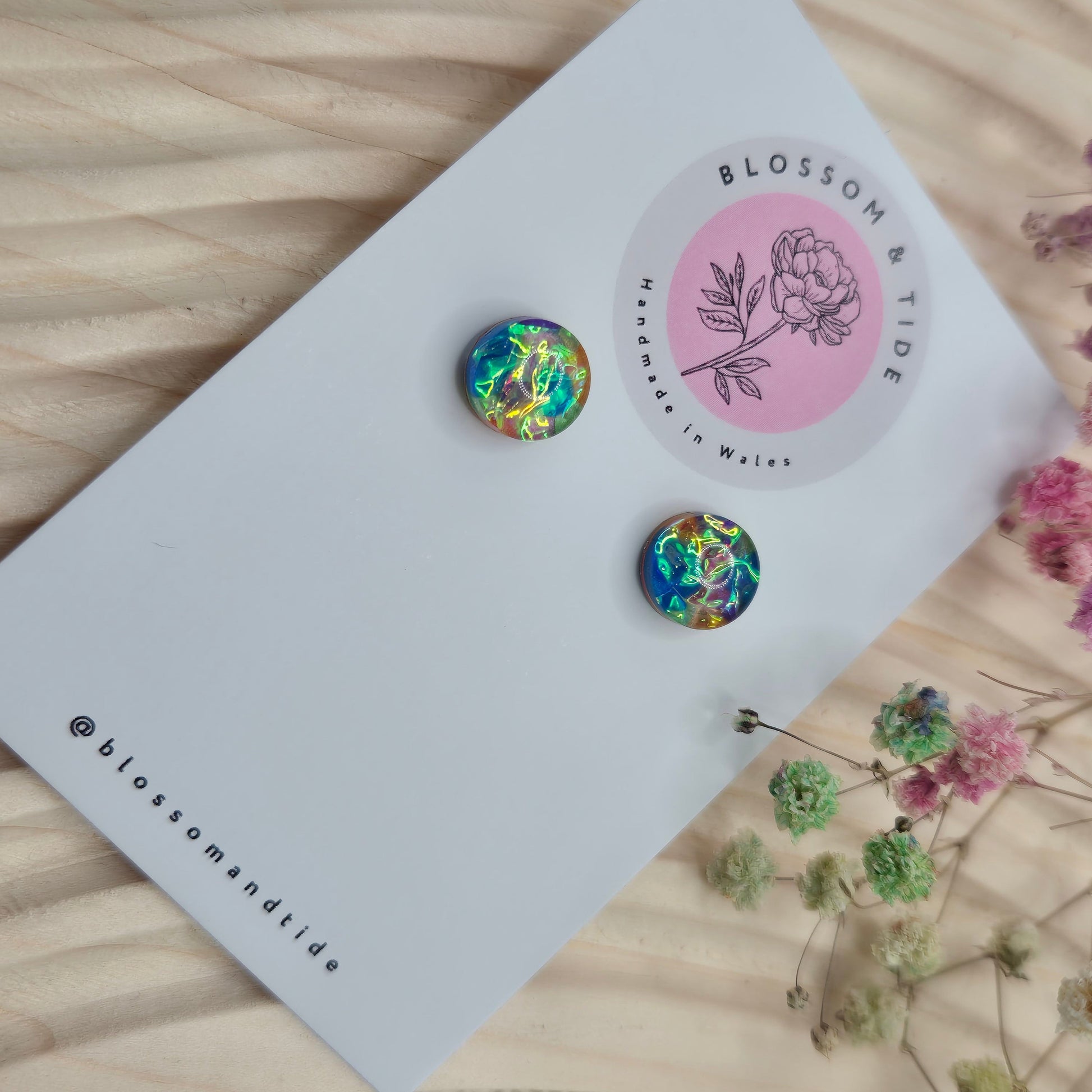 Handmade holographic resin earrings with dichroic effect