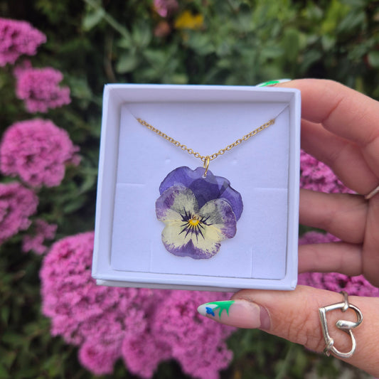 Pressed pansy necklace. Handmade and presented in a gift box