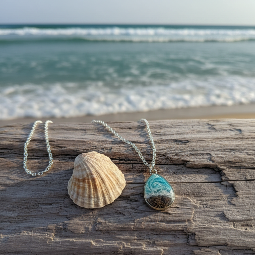Teardrop beach sand necklace displayed on driftwood with the sea in the background 