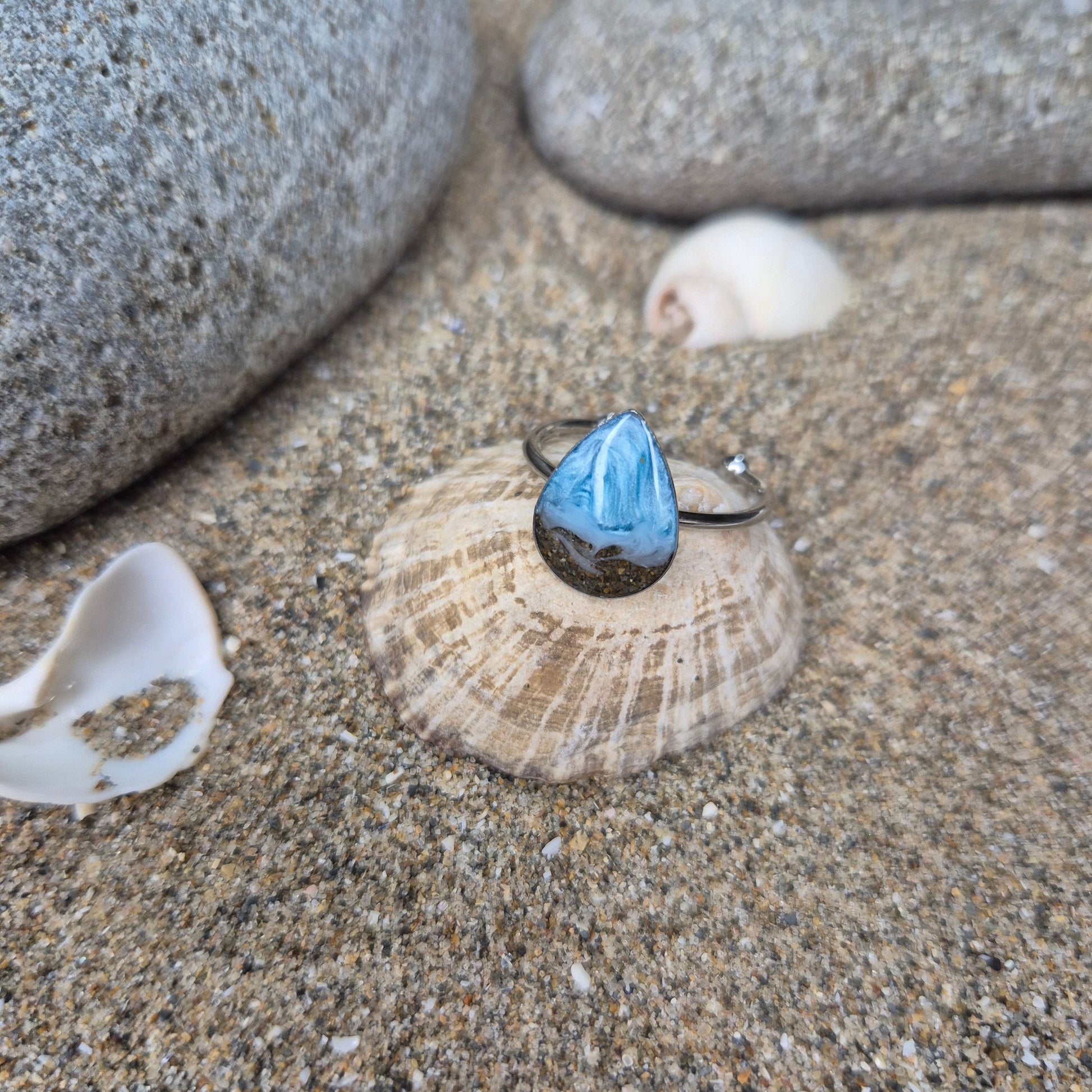 teardrop adjustable ring with Welsh beach sand.