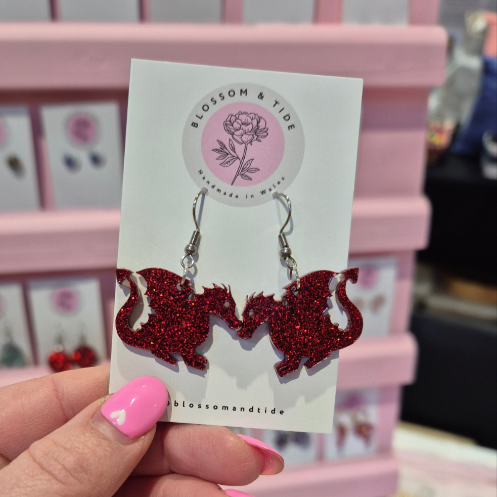 Handmade Welsh red glitter dragon dangle earrings