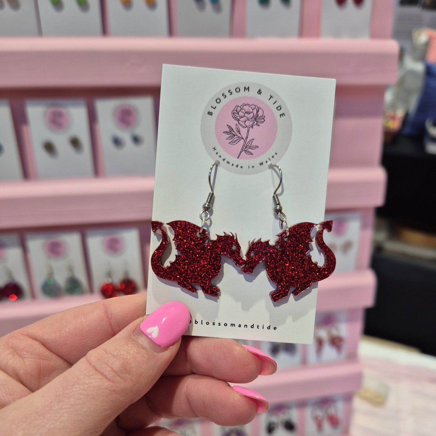 Handmade Welsh red glitter dragon dangle earrings