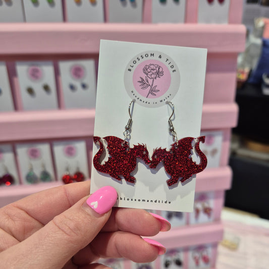 Handmade Welsh red glitter dragon dangle earrings