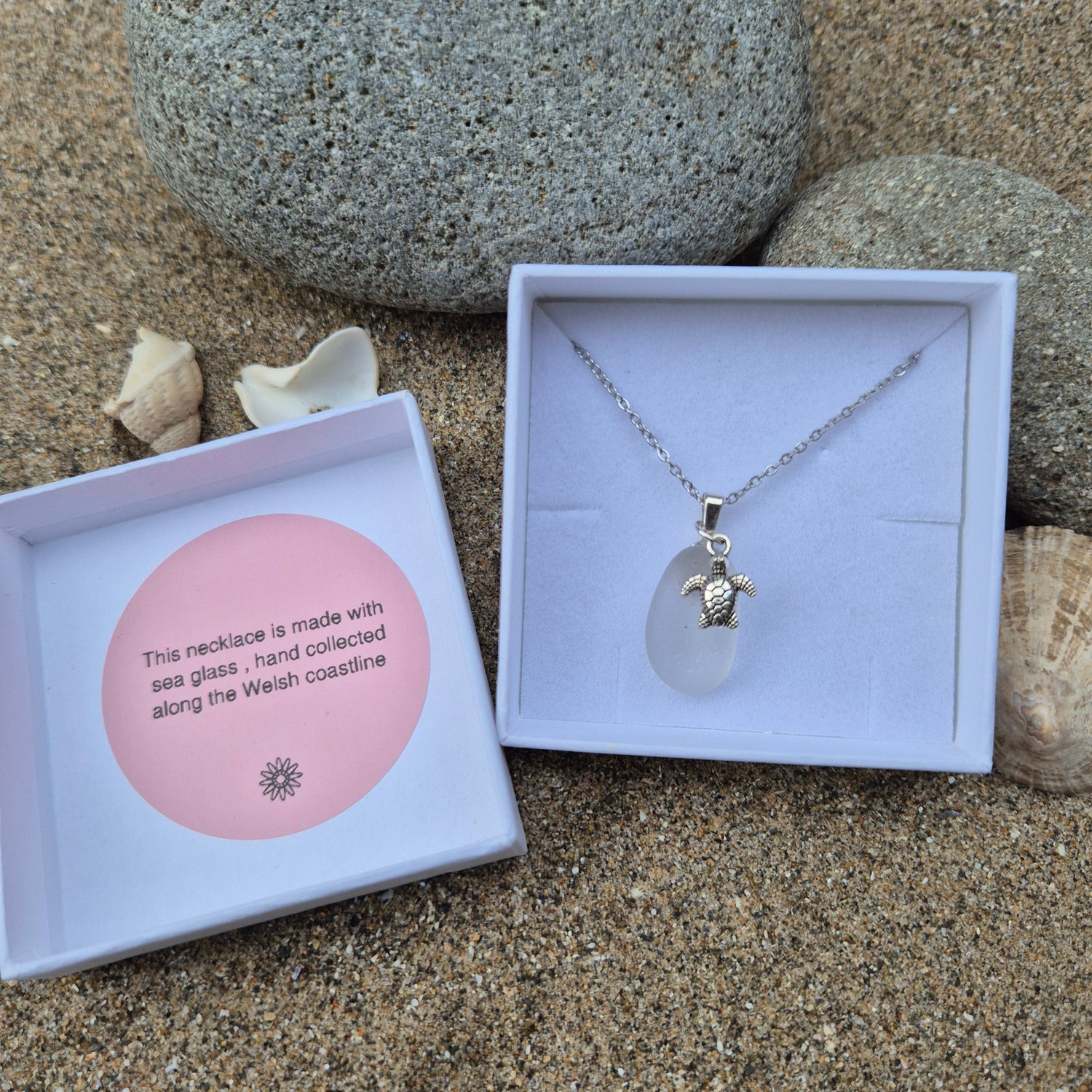 Sea glass necklace with turtle charm in gift box
