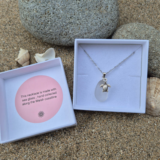 Sea glass necklace with turtle charm in gift box