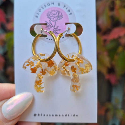 Autumn leaf gold mushroom hoop earrings