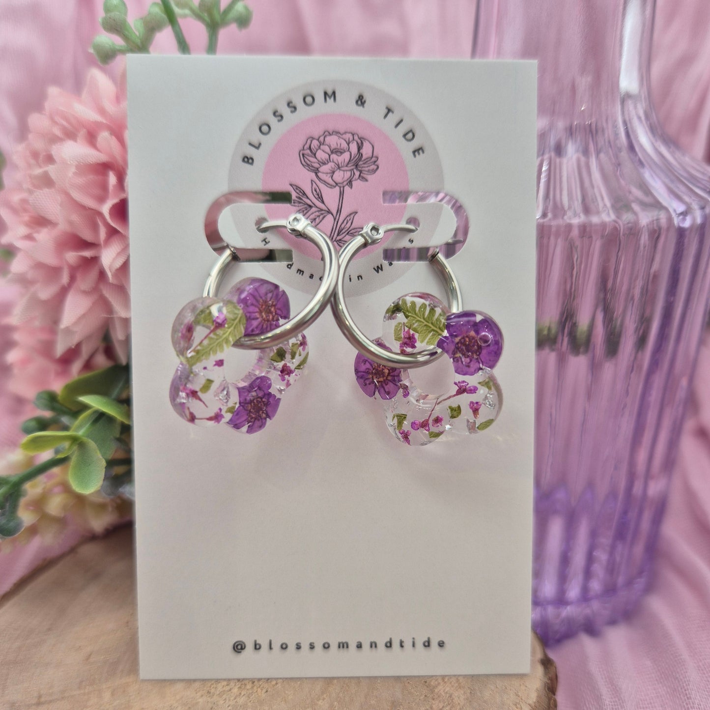 Pressed flower real flower hoops earrings on branded card