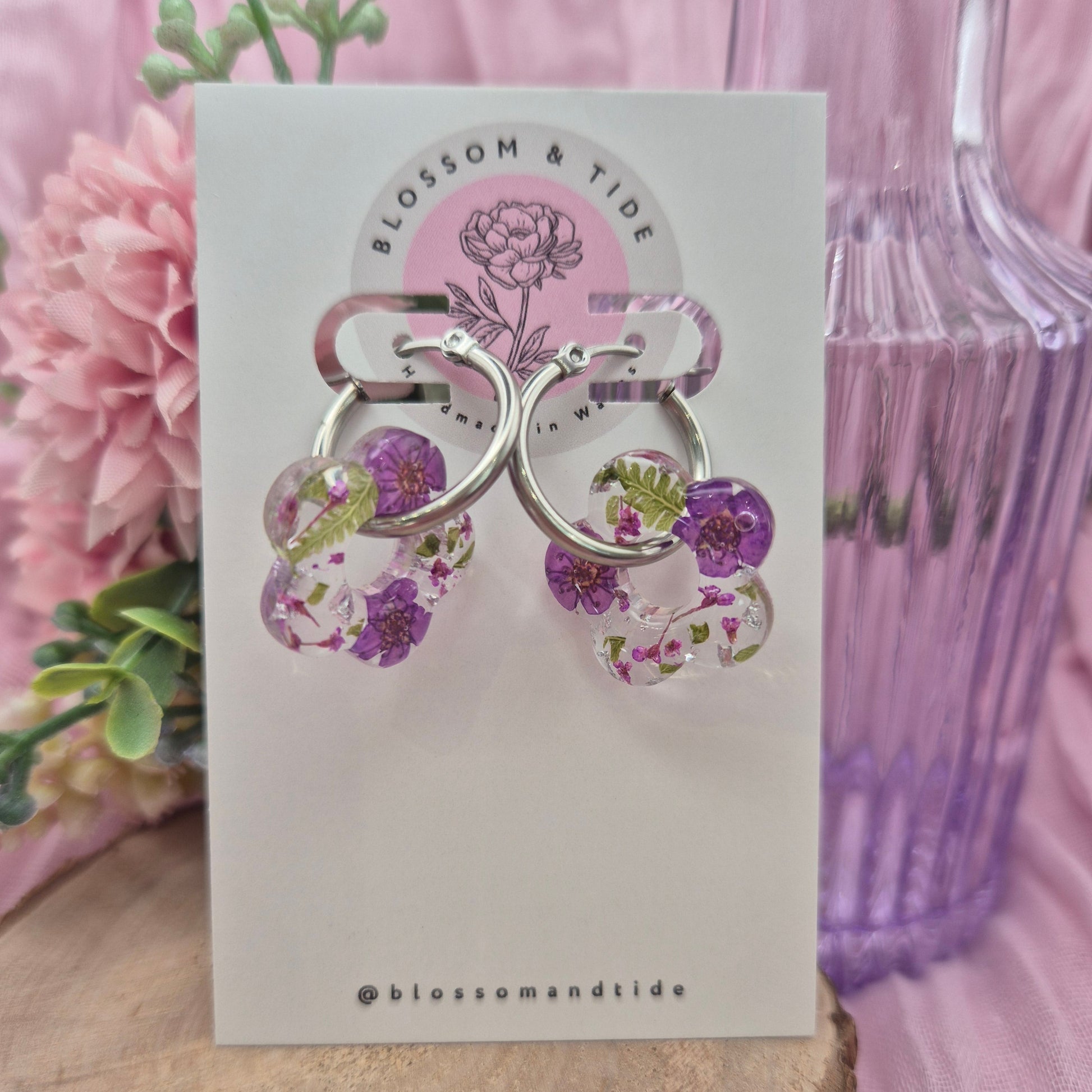 Pressed flower real flower hoops earrings on branded card