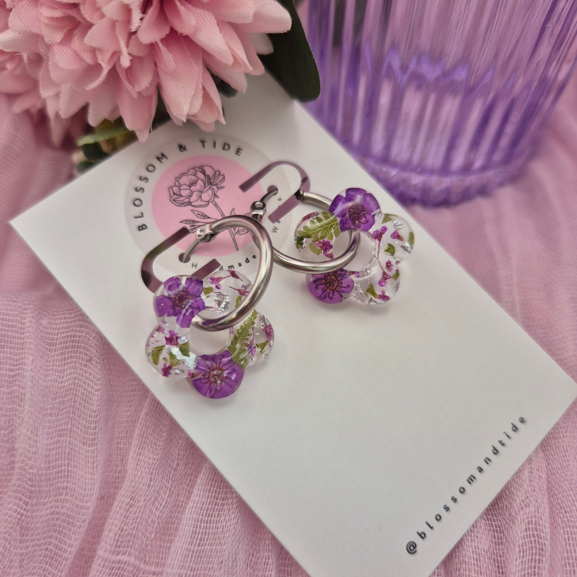 Pressed flower real flower hoops earrings on branded card